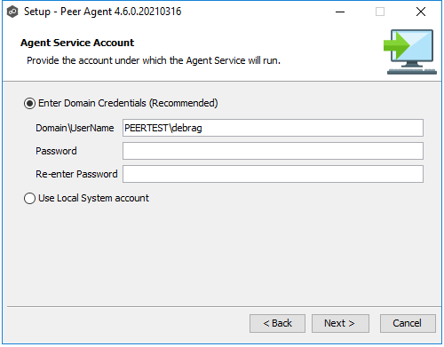 Installation-Peer Agent-Agent Service Account