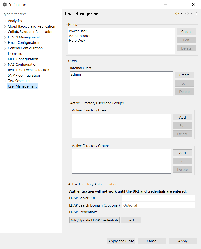 Peer Global File Service Help > Preferences > User Management ...