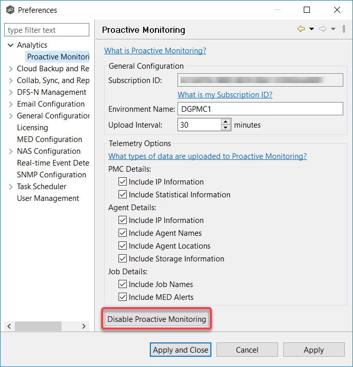 Analytics-Preferences-Proactive Monitoring-Disabling Proactive Monitoring-Preferences page